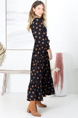 Kass Maxi Dress - Buttoned Bodice Pull In Waist Dress In Mahony Print