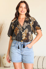 Maia Top - V-Neck with Neck Tassel Tie and Short Sleeve Button Down in Shanina Print Black