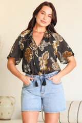 Maia Top - V-Neck with Neck Tassel Tie and Short Sleeve Button Down in Shanina Print Black