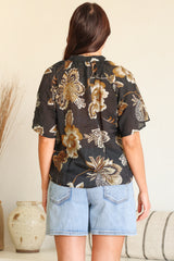 Maia Top - V-Neck with Neck Tassel Tie and Short Sleeve Button Down in Shanina Print Black