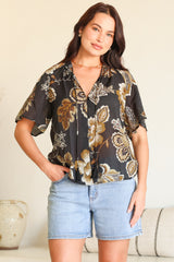 Maia Top - V-Neck with Neck Tassel Tie and Short Sleeve Button Down in Shanina Print Black
