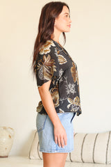 Maia Top - V-Neck with Neck Tassel Tie and Short Sleeve Button Down in Shanina Print Black