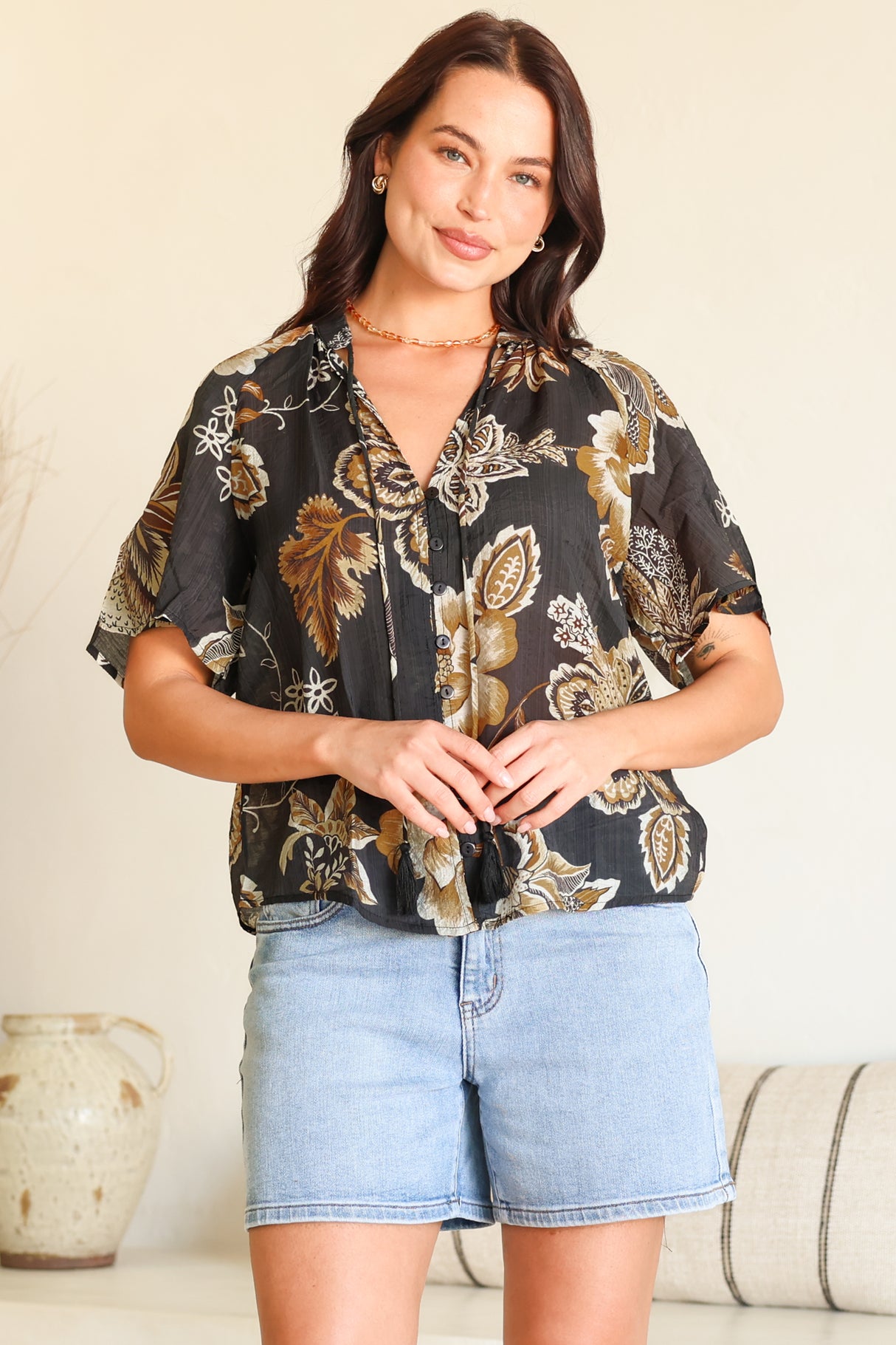 Maia Top - V-Neck with Neck Tassel Tie and Short Sleeve Button Down in Shanina Print Black