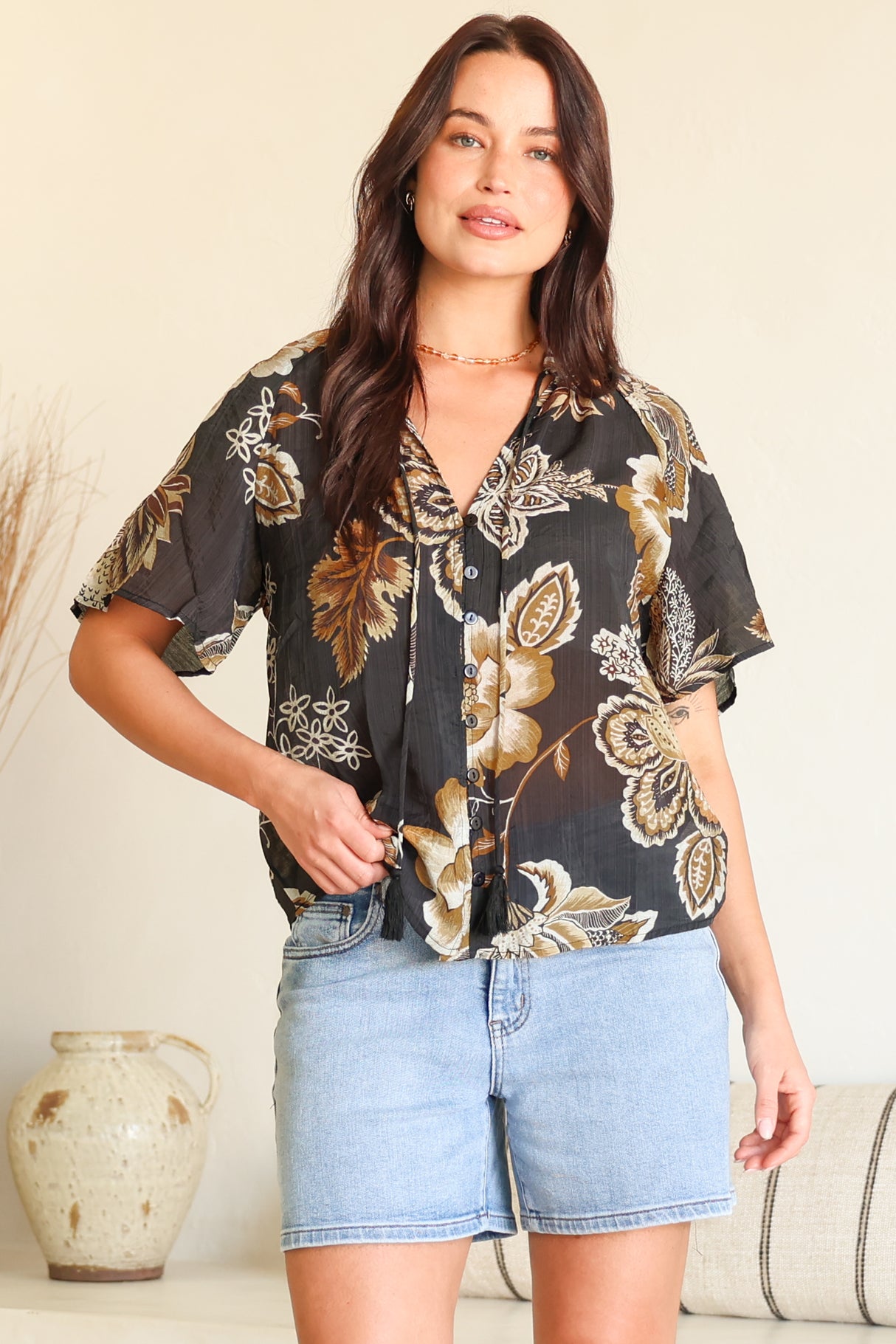 Maia Top - V-Neck with Neck Tassel Tie and Short Sleeve Button Down in Shanina Print Black