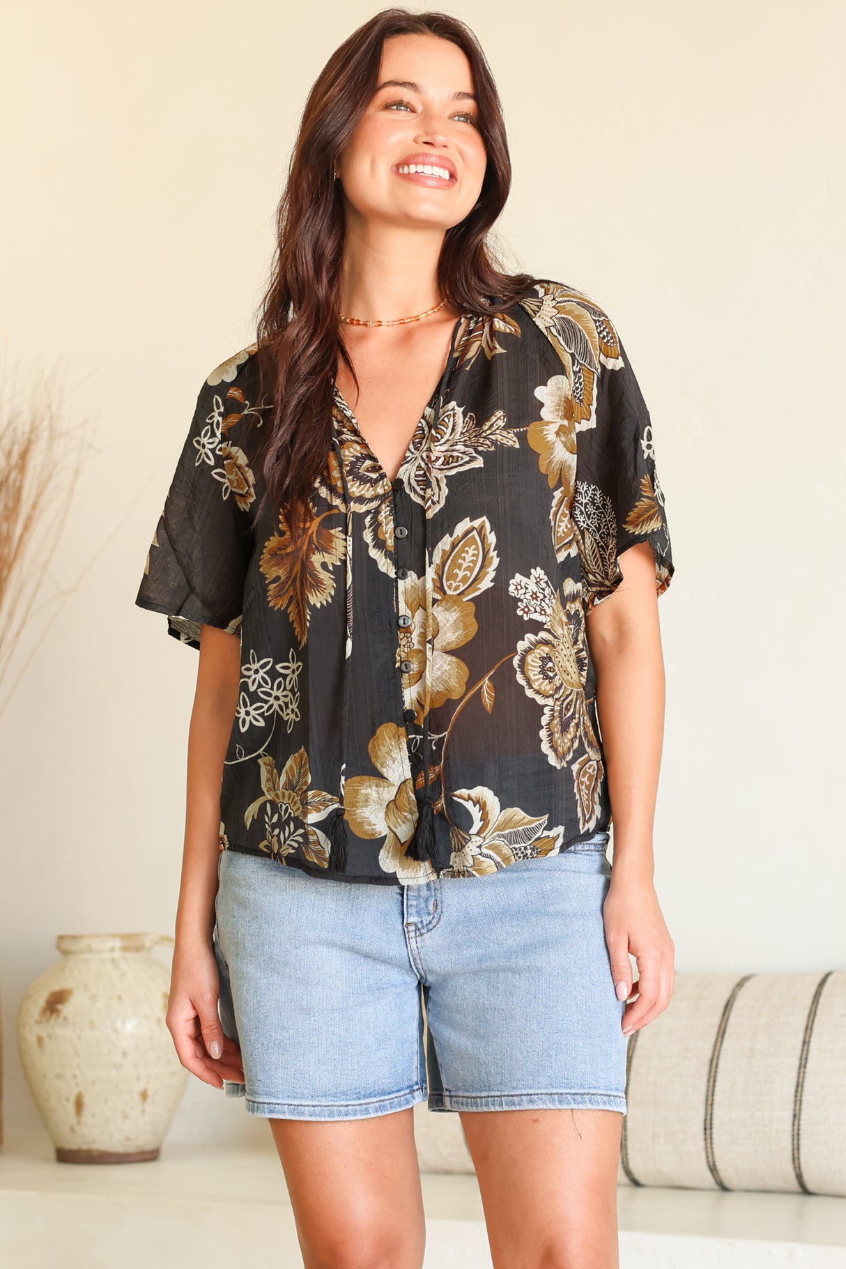 Maia Top - V-Neck with Neck Tassel Tie and Short Sleeve Button Down in Shanina Print Black