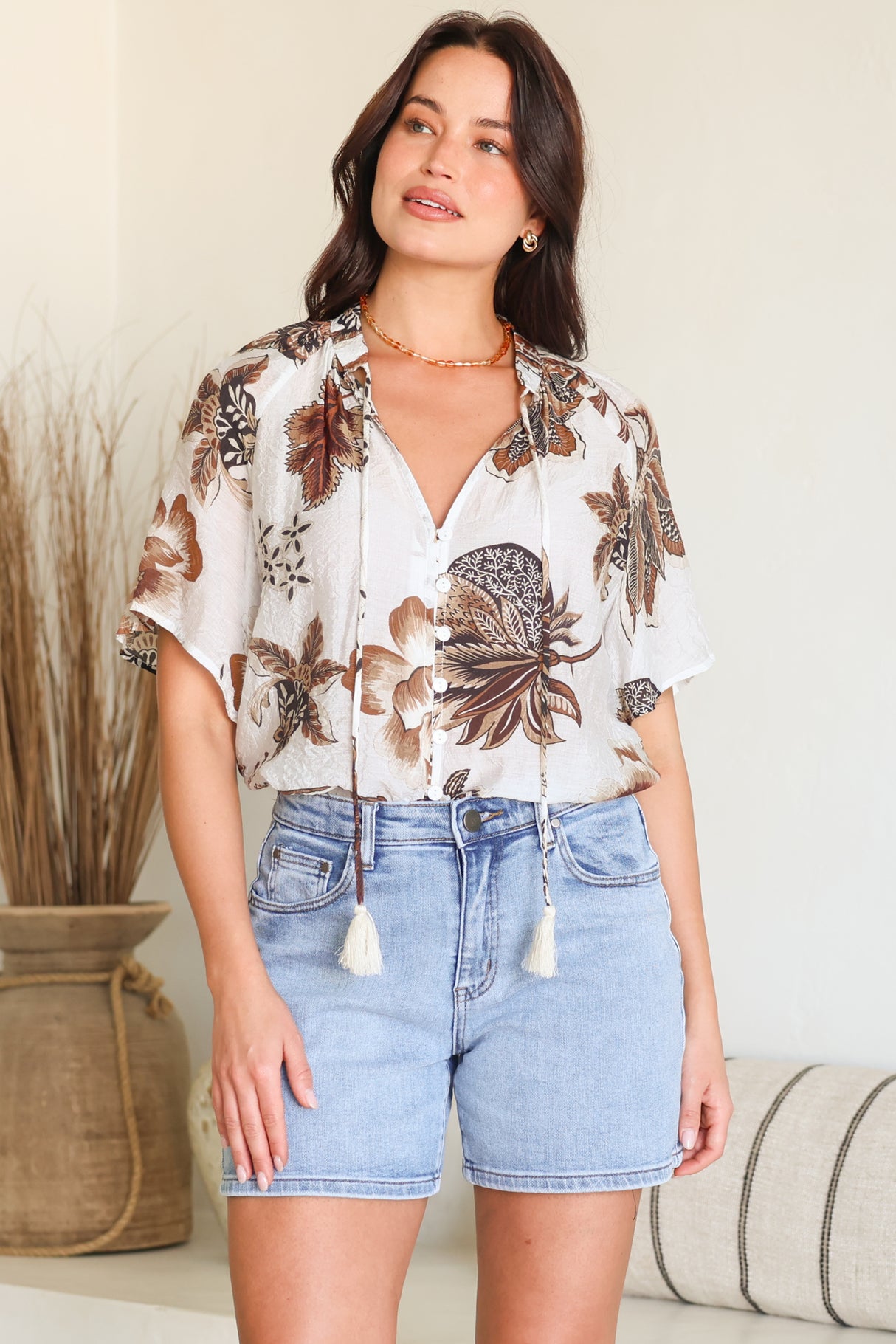 Maia Top - V-Neck with Neck Tassel Tie and Short Sleeve Button Down in Shanina Print White