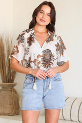 Maia Top - V-Neck with Neck Tassel Tie and Short Sleeve Button Down in Shanina Print White