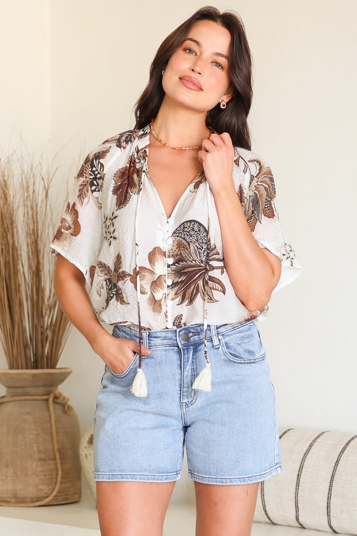 Maia Top - V-Neck with Neck Tassel Tie and Short Sleeve Button Down in Shanina Print White