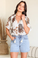 Maia Top - V-Neck with Neck Tassel Tie and Short Sleeve Button Down in Shanina Print White