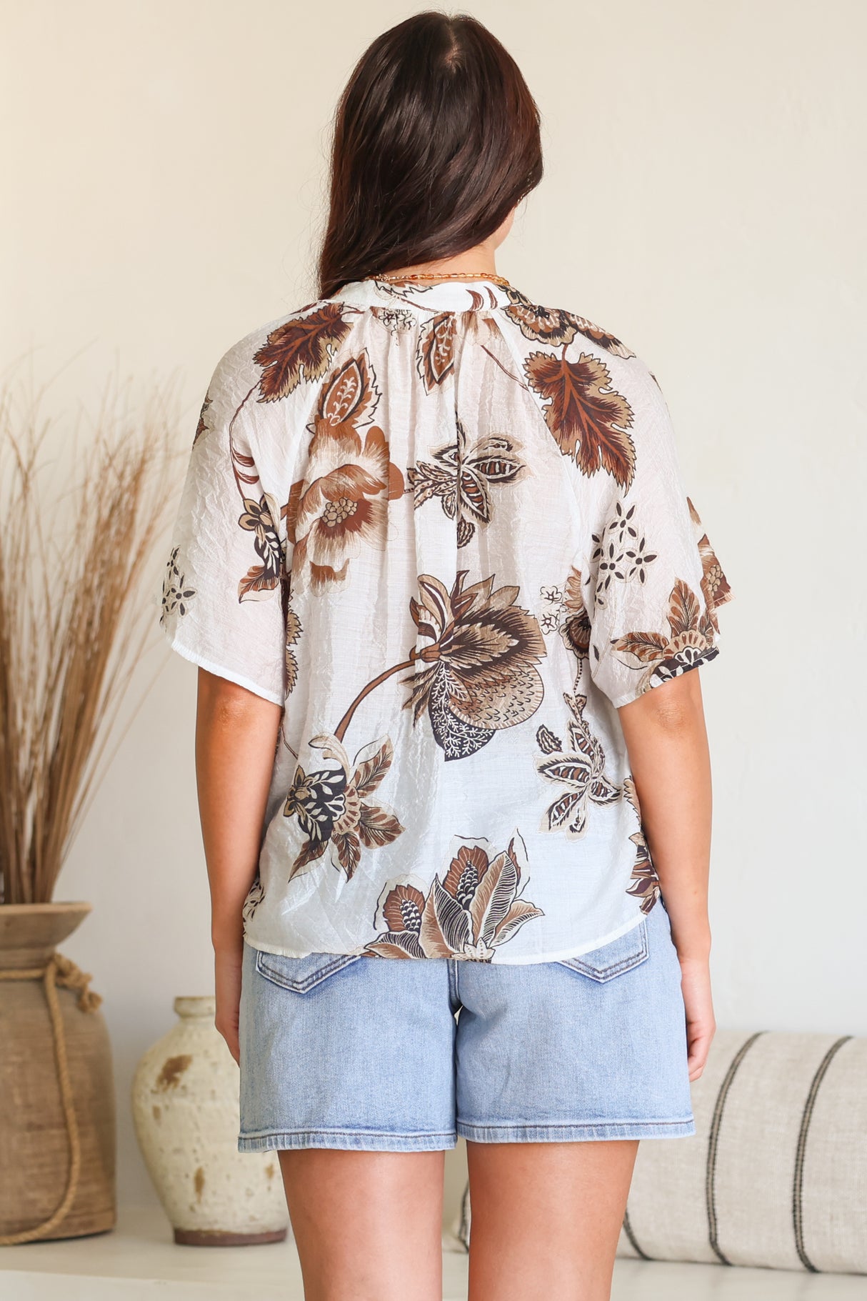 Maia Top - V-Neck with Neck Tassel Tie and Short Sleeve Button Down in Shanina Print White