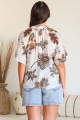 Maia Top - V-Neck with Neck Tassel Tie and Short Sleeve Button Down in Shanina Print White