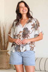 Maia Top - V-Neck with Neck Tassel Tie and Short Sleeve Button Down in Shanina Print White