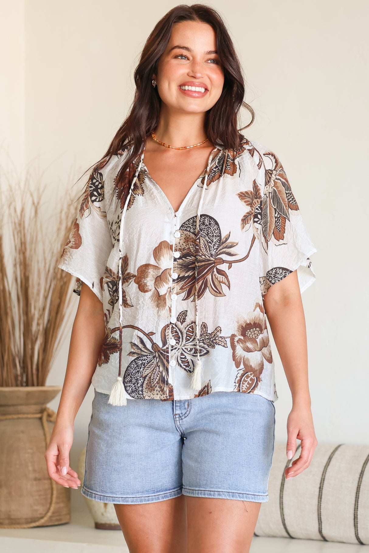 Maia Top - V-Neck with Neck Tassel Tie and Short Sleeve Button Down in Shanina Print White