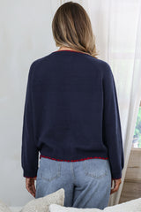 Maine Jumper - Contrast Stitch Crew Neck Knit with Embroidered Lobster Motif in Navy