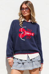 Maine Jumper - Contrast Stitch Crew Neck Knit with Embroidered Lobster Motif in Navy