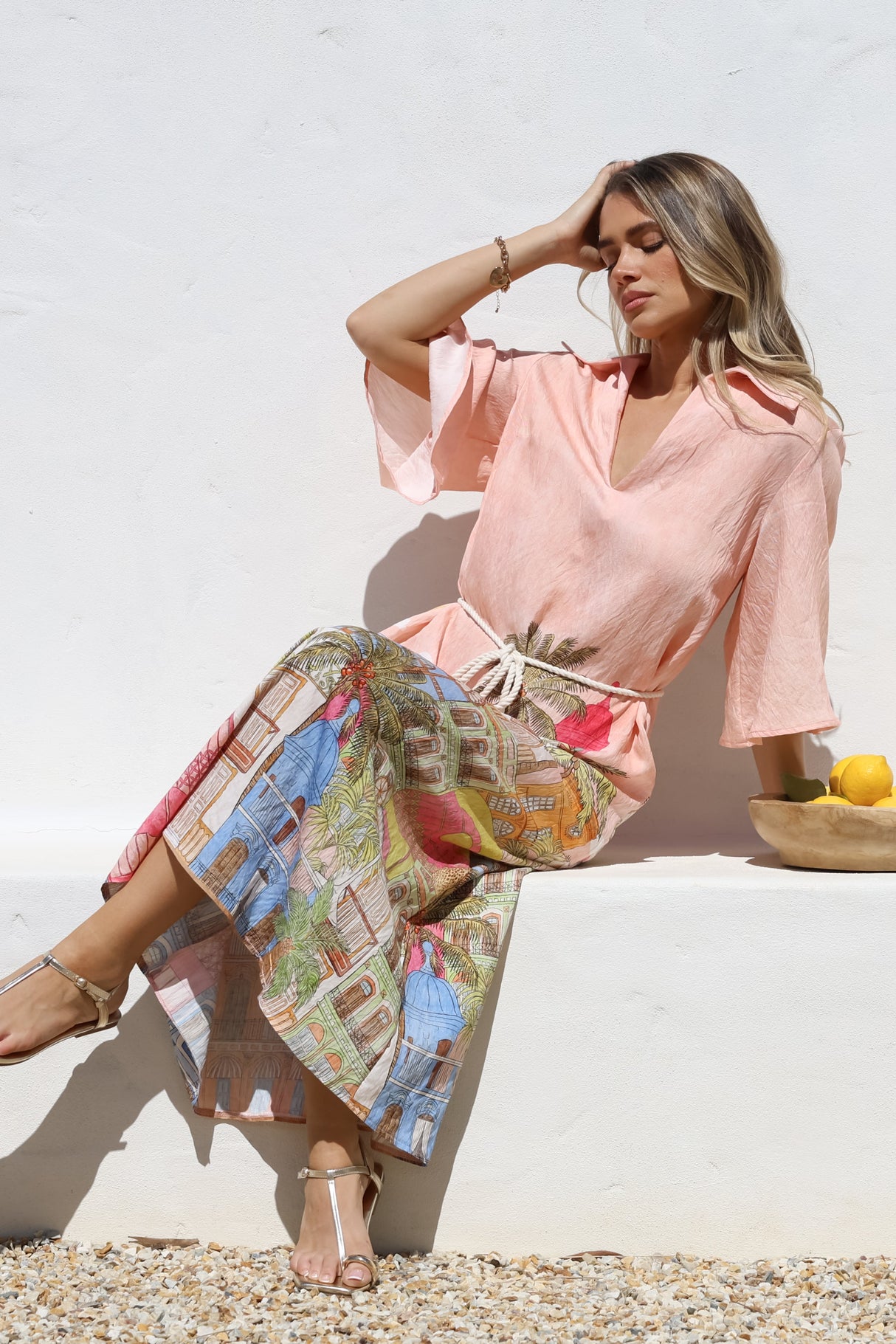 Maisy Midi Dress - Collared Shift Dress with Robe Belt and Bell Sleeves in Tullia Print