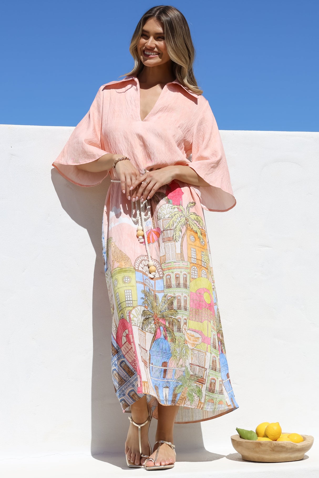 Maisy Midi Dress - Collared Shift Dress with Robe Belt and Bell Sleeves in Tullia Print