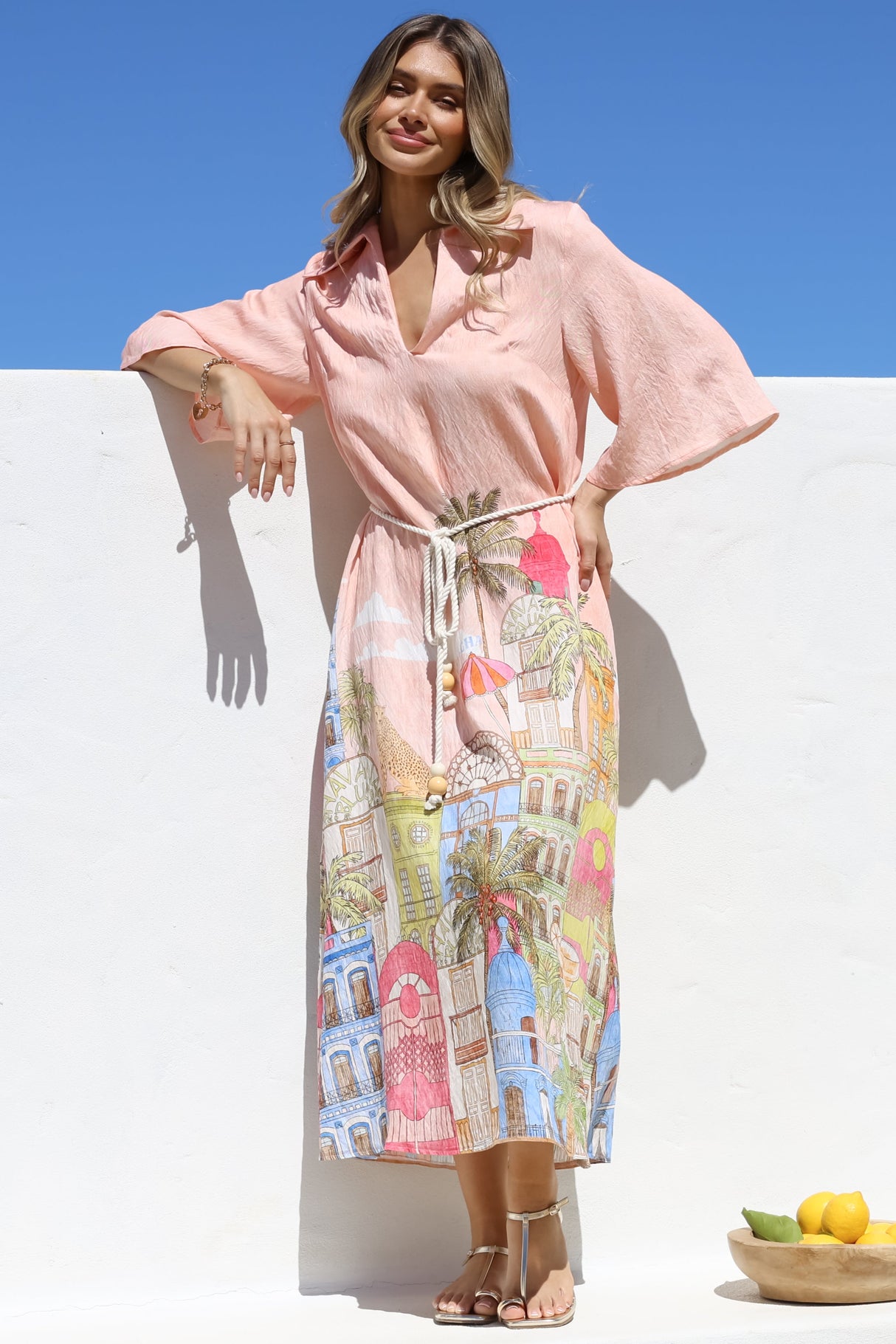 Maisy Midi Dress - Collared Shift Dress with Robe Belt and Bell Sleeves in Tullia Print