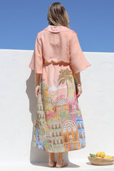 Maisy Midi Dress - Collared Shift Dress with Robe Belt and Bell Sleeves in Tullia Print