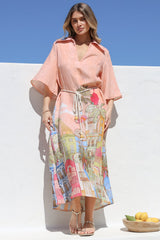Maisy Midi Dress - Collared Shift Dress with Robe Belt and Bell Sleeves in Tullia Print