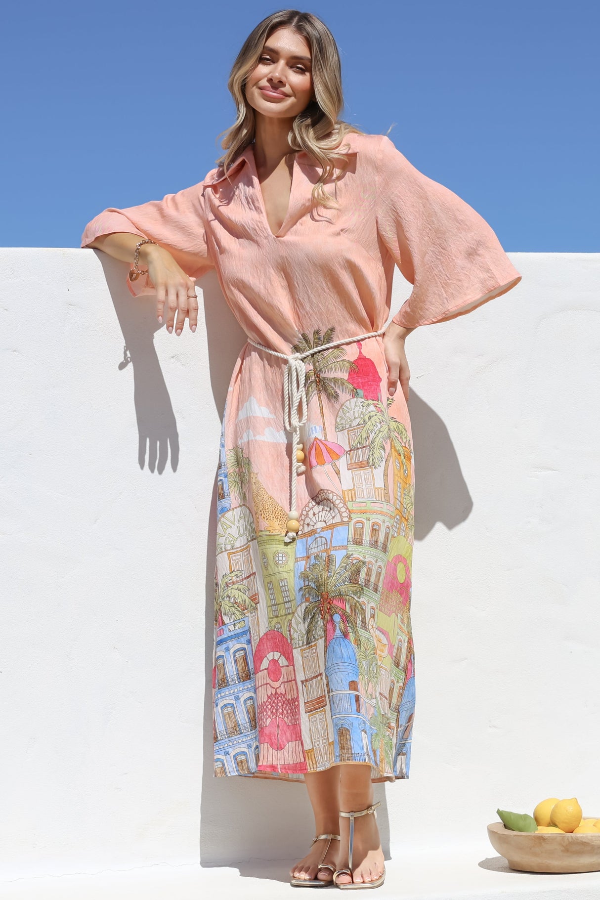 Maisy Midi Dress - Collared Shift Dress with Robe Belt and Bell Sleeves in Tullia Print