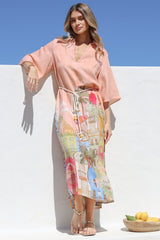 Maisy Midi Dress - Collared Shift Dress with Robe Belt and Bell Sleeves in Tullia Print