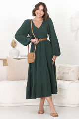 Maive Midi Dress - Shirred Bodice Tiered A Line Dress in Emerald