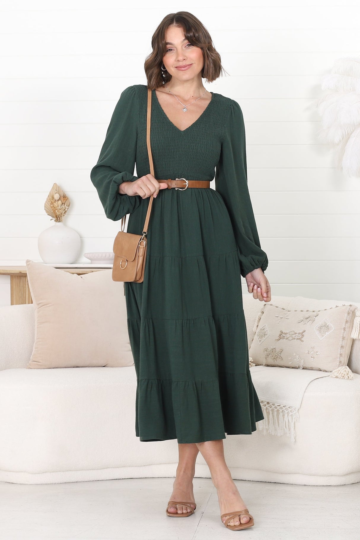 Maive Midi Dress - Shirred Bodice Tiered A Line Dress in Emerald