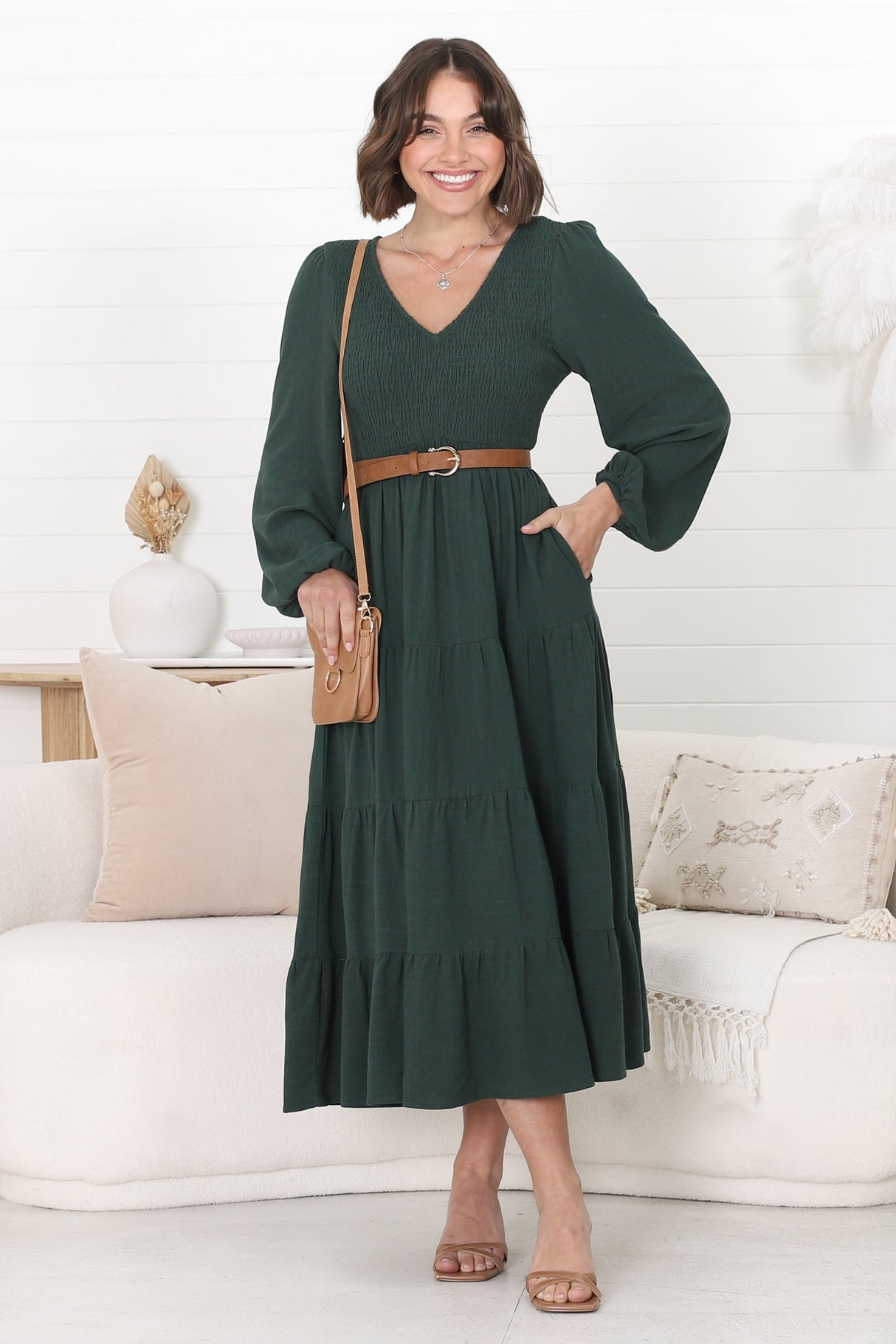 Maive Midi Dress - Shirred Bodice Tiered A Line Dress in Emerald