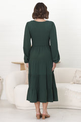 Maive Midi Dress - Shirred Bodice Tiered A Line Dress in Emerald