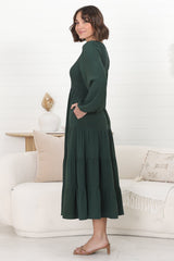 Maive Midi Dress - Shirred Bodice Tiered A Line Dress in Emerald