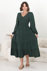 Maive Midi Dress - Shirred Bodice Tiered A Line Dress in Emerald