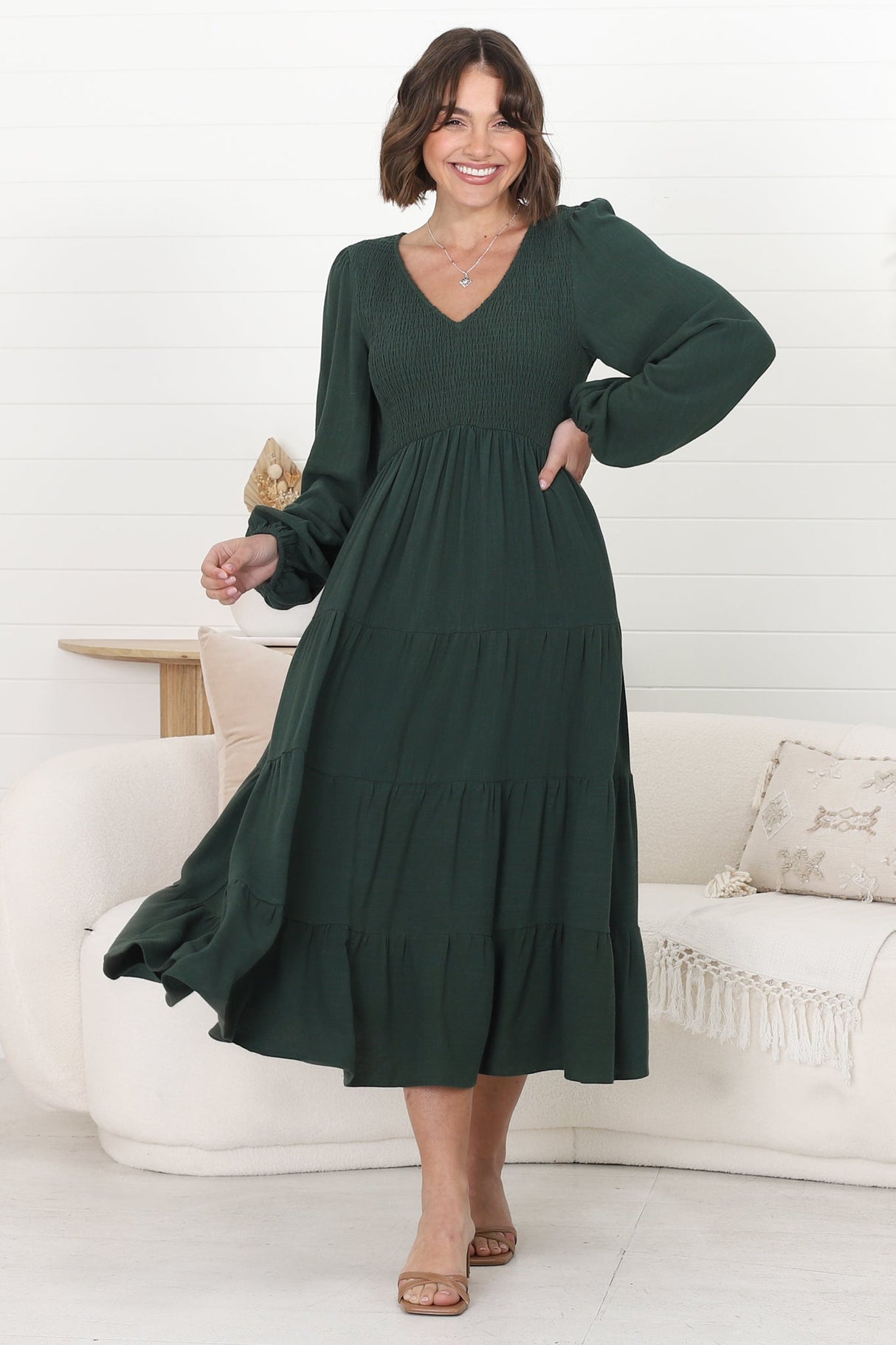 Maive Midi Dress - Shirred Bodice Tiered A Line Dress in Emerald