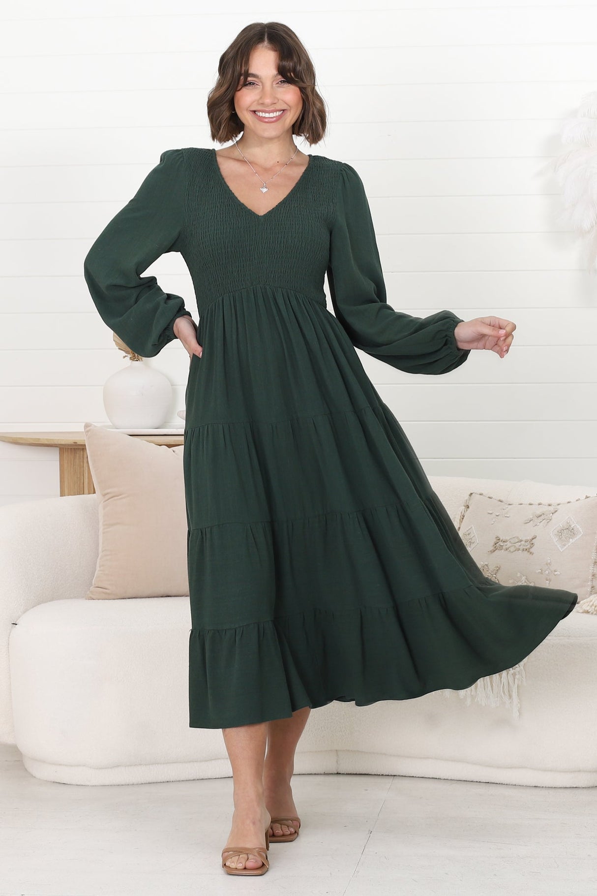 Maive Midi Dress - Shirred Bodice Tiered A Line Dress in Emerald