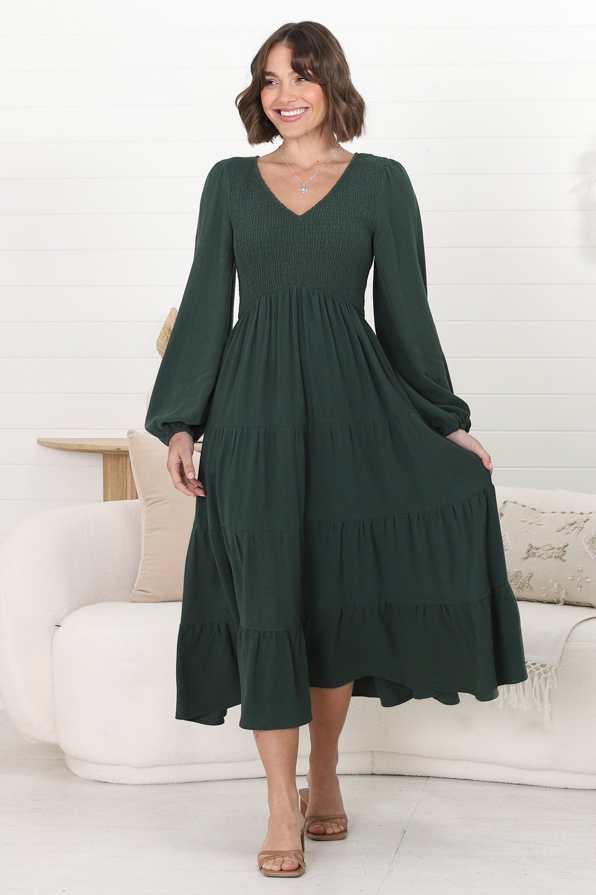 Maive Midi Dress - Shirred Bodice Tiered A Line Dress in Emerald