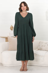 Maive Midi Dress - Shirred Bodice Tiered A Line Dress in Emerald