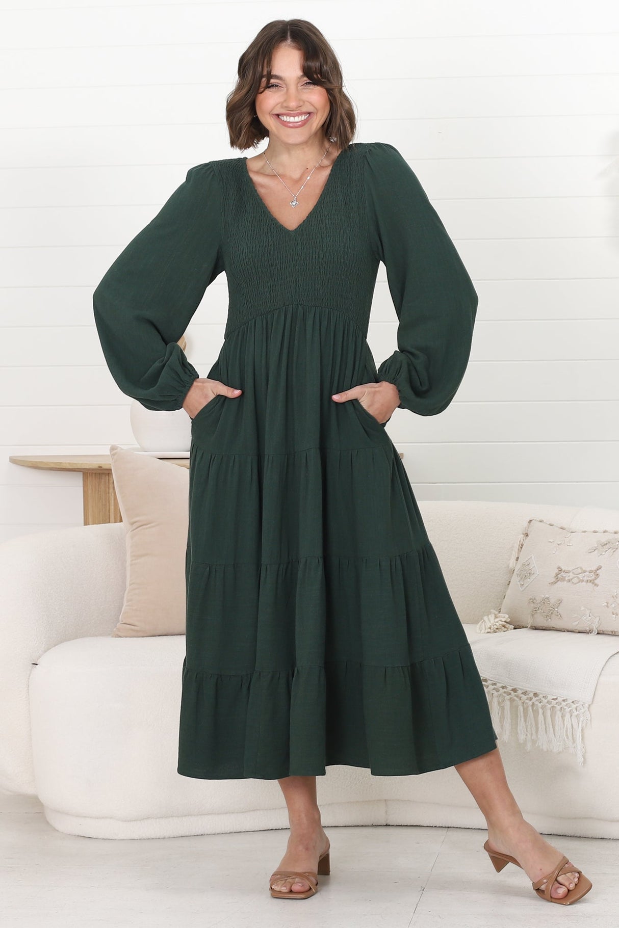 Maive Midi Dress - Shirred Bodice Tiered A Line Dress in Emerald