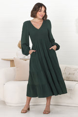 Maive Midi Dress - Shirred Bodice Tiered A Line Dress in Emerald