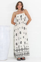 Malia Maxi Dress - A-Line Sun Dress in Maha Print Beige