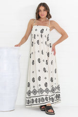 Malia Maxi Dress - A-Line Sun Dress in Maha Print Beige