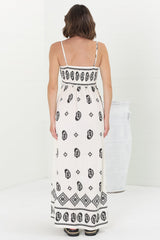 Malia Maxi Dress - A-Line Sun Dress in Maha Print Beige