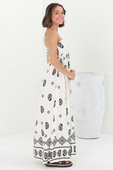 Malia Maxi Dress - A-Line Sun Dress in Maha Print Beige