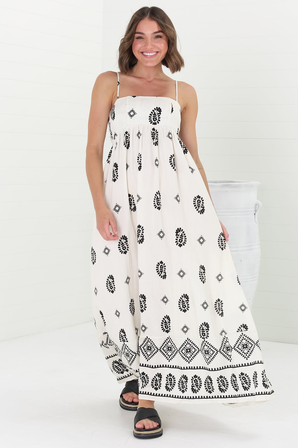 Malia Maxi Dress - A-Line Sun Dress in Maha Print Beige