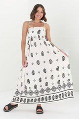 Malia Maxi Dress - A-Line Sun Dress in Maha Print Beige