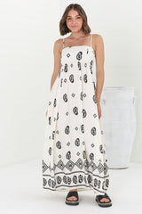 Malia Maxi Dress - A-Line Sun Dress in Maha Print Beige