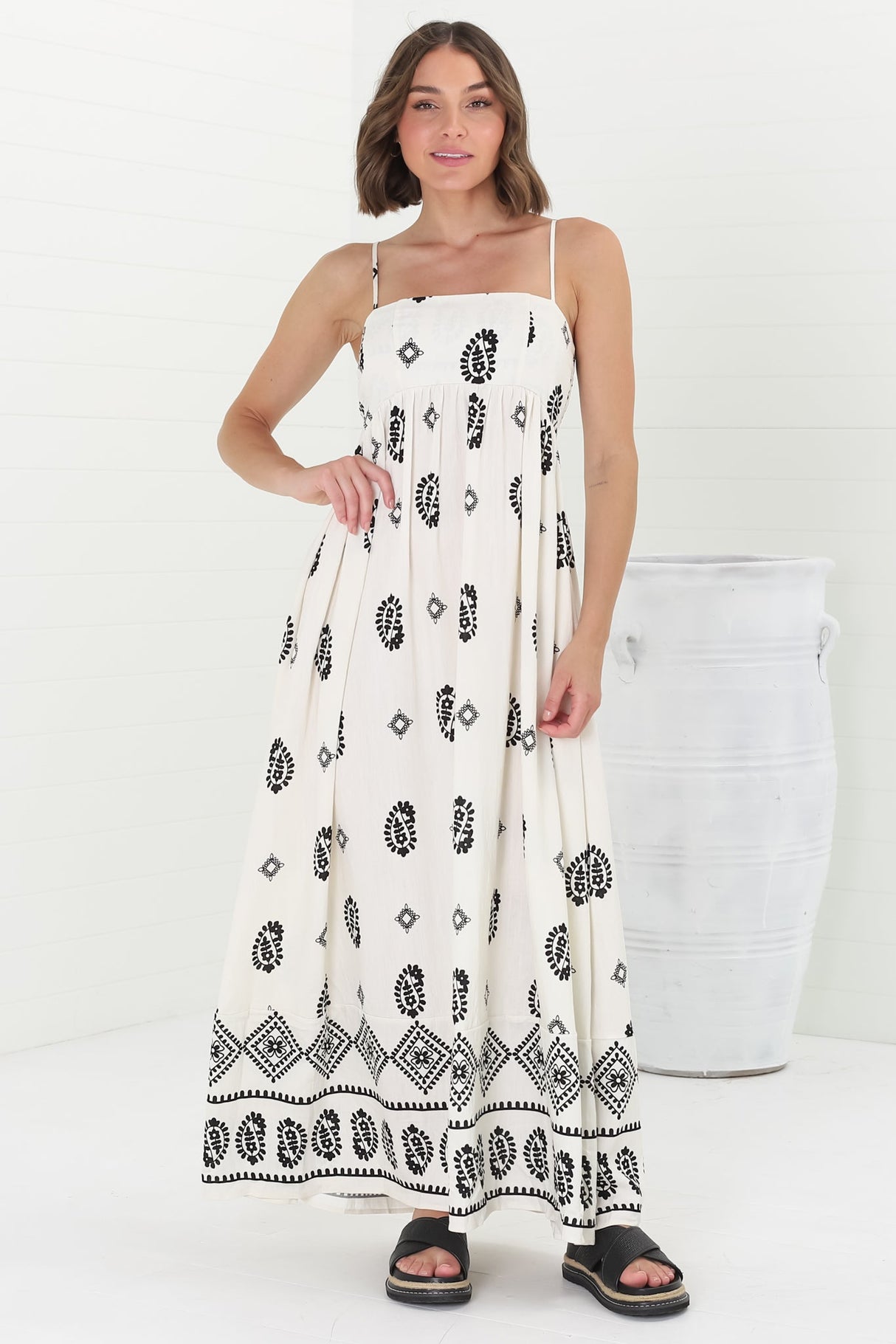 Malia Maxi Dress - A-Line Sun Dress in Maha Print Beige