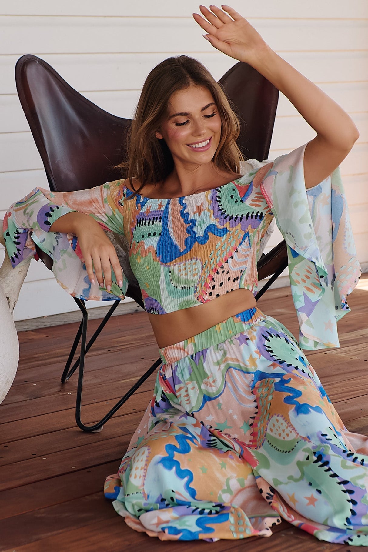 JAASE - Malibu Top: Shirred Elasticated Crop with Dramatic Sleeves in Electric Feels Print