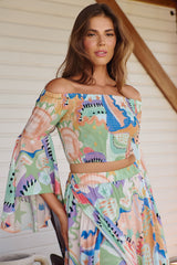 JAASE - Malibu Top: Shirred Elasticated Crop with Dramatic Sleeves in Electric Feels Print