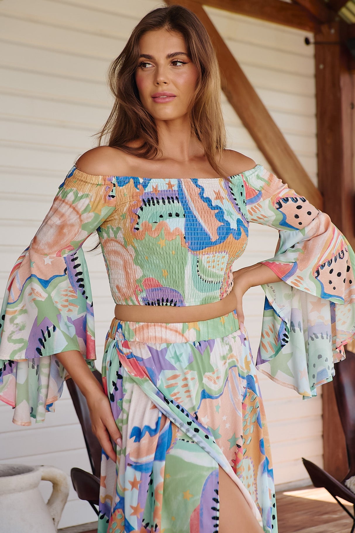 JAASE - Malibu Top: Shirred Elasticated Crop with Dramatic Sleeves in Electric Feels Print