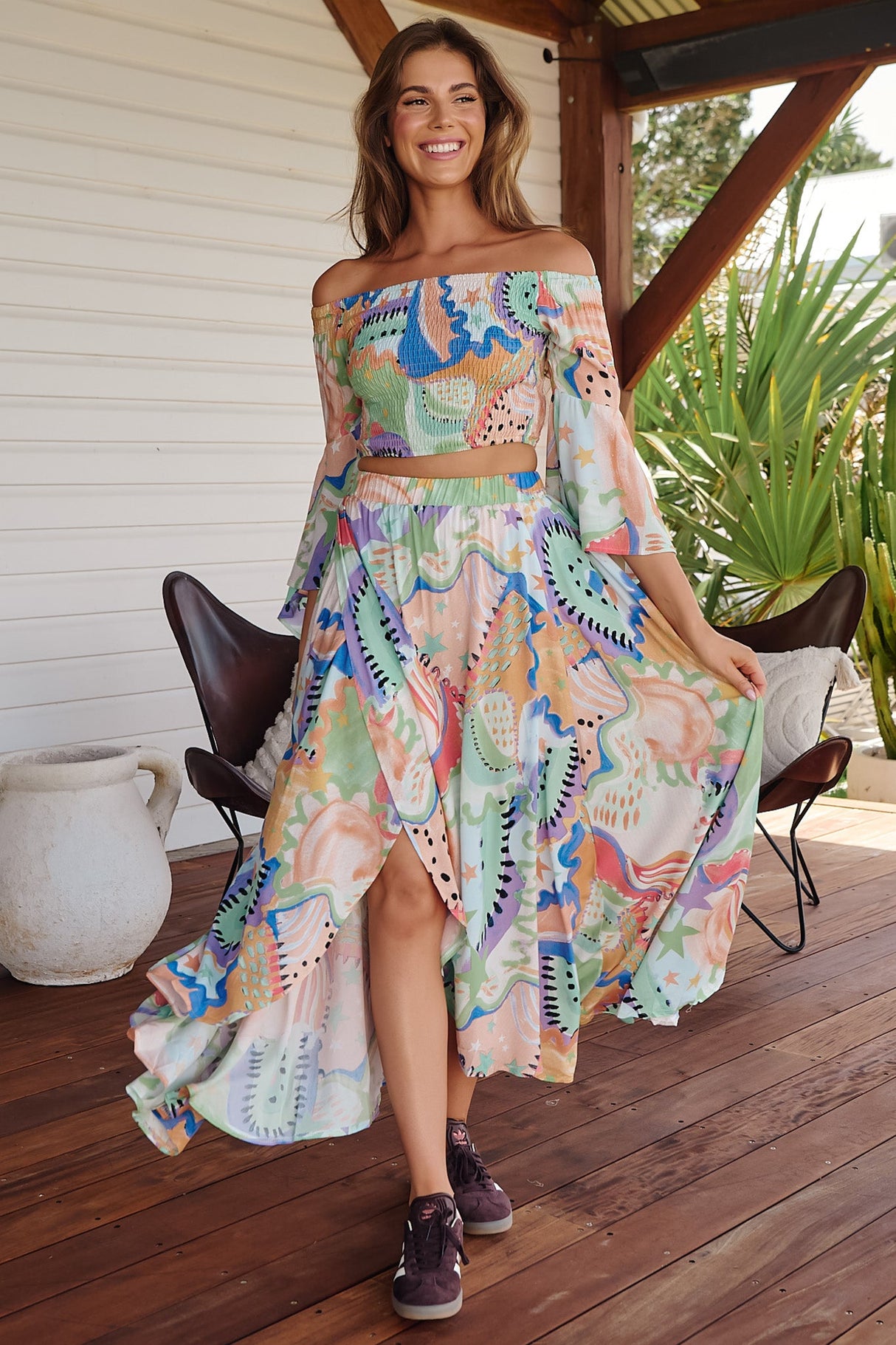 JAASE - Simi Maxi Skirt: High Waist Wrap Front Shark Bite Hem Skirt in Electric Feels Print